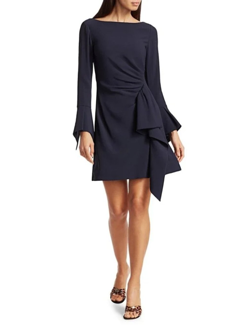 Jonathan Simkhai Crepe Ruffle Dress 4 Midnight Blue Boatneck Bell Sleeves $595